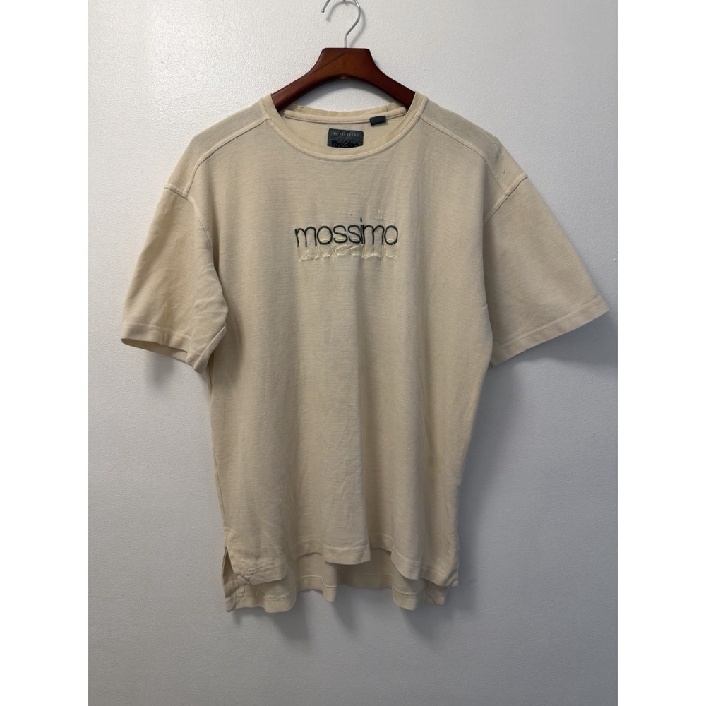 Y2K Mossimo Embroidered Logo Beige T Shirt Men's Large Skate Distressed